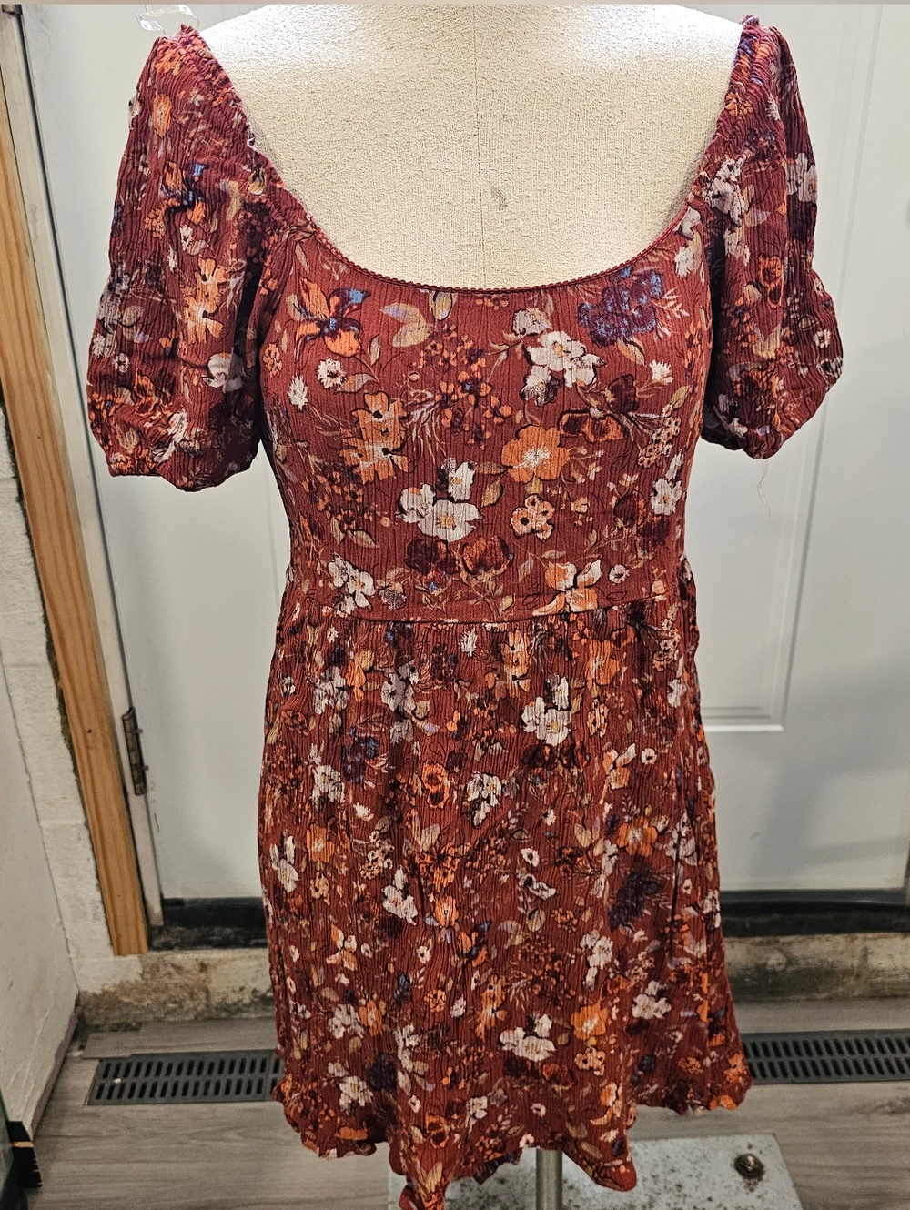 Floral Puff Off The Shoulder Sleeve Rust Mini Dress